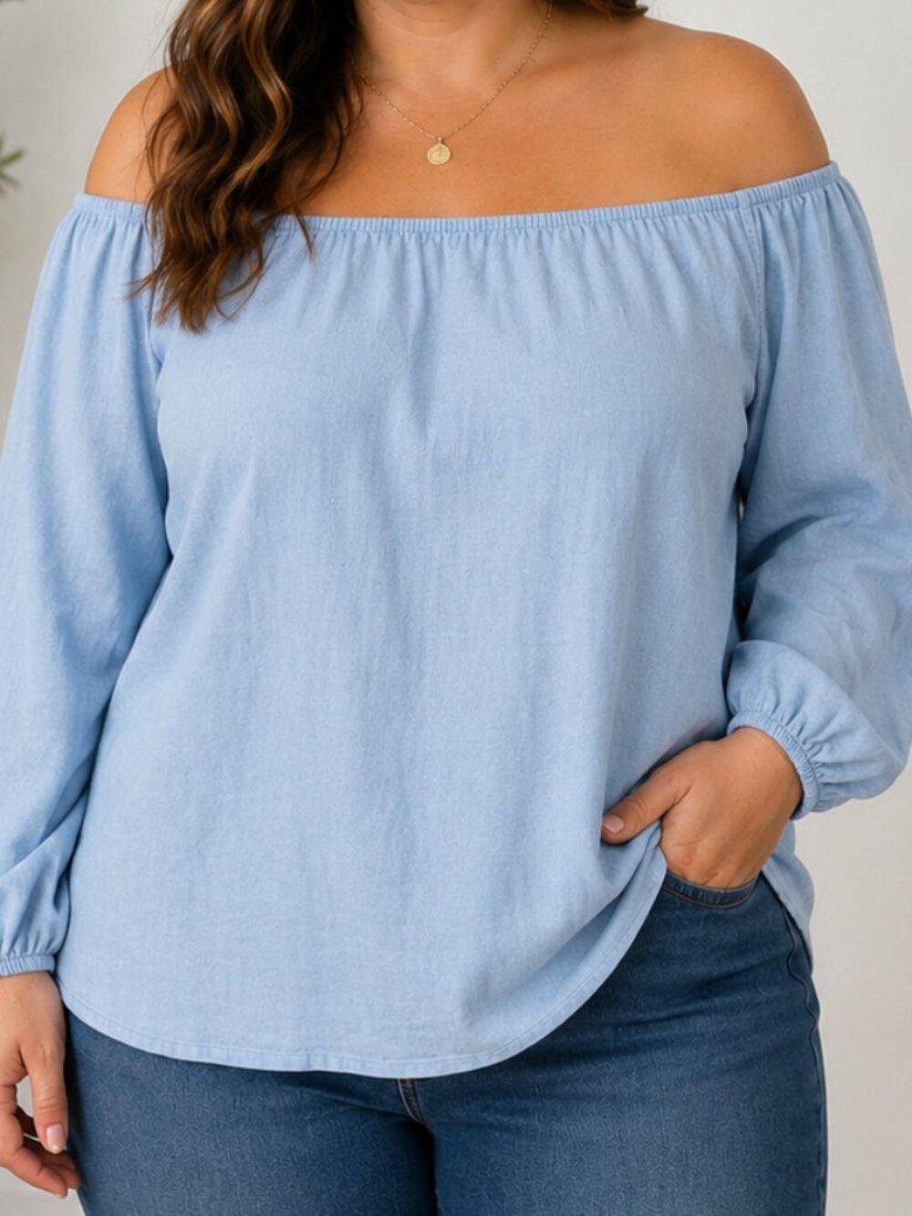 Bellambra Italy Linen Blend Off Shoulder Peasant Blouse Women's 1X Boho Top Blue